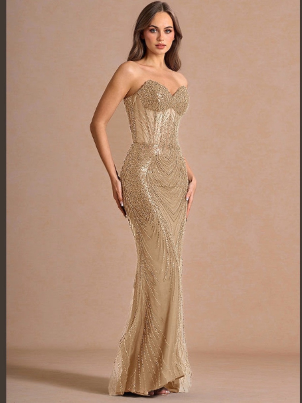 Azazie Strapless Beaded Gown in Champagne Gold - Picture 3 of 3